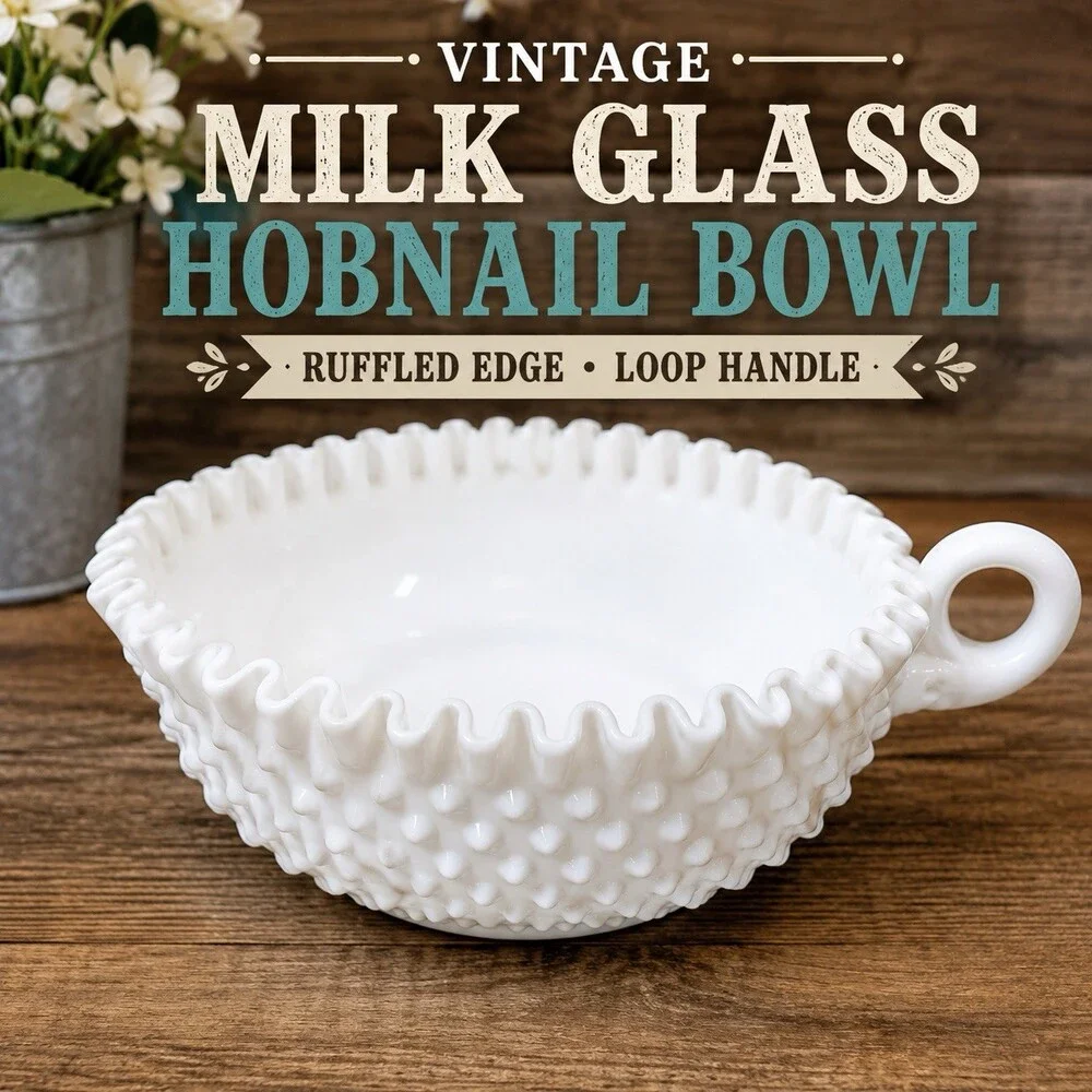 Fenton Milk Glass Hobnail Ruffle Heart Shaped Nappy Dish w Handle Classic
